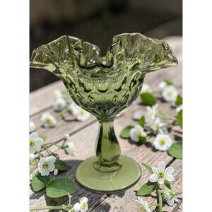 Vintage Fenton Glass Colonial Avocado Green Ruffled Crimped Thumbprint Compote
